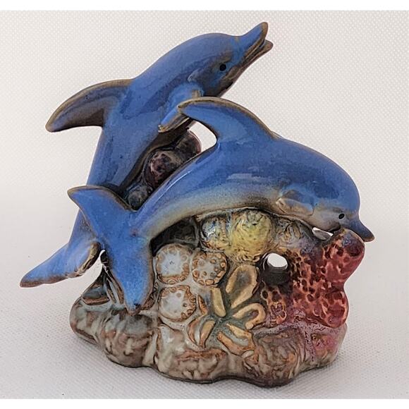 DOLPHIN DECOR-2 Dolphins Swimming and Playing On Coral Rock-Ceramic - Picture 1 of 14